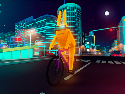 Night Ride 🐇🚴 3d antonmoek building character cinema4d city game lowpoly night polygons rabbit render