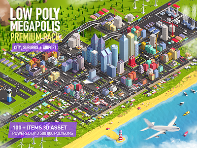 Low Poly Megapolis Premium Pack 3d asset buildings c4d cinema4d city illustration isometric landscape lowpoly pack render