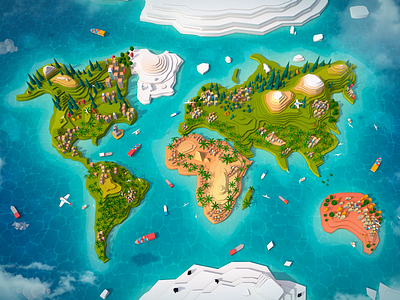 Cartoon Low Poly World Map 3d c4d cinema4d digitalart earth game illustration low-poly lowpoly map render world