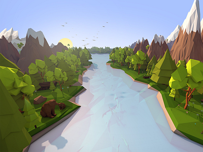 Lowpoly Forest 3d Illustration 3d antonmoek art c4d cartoon cinema4d forest illustration low poly lowpoly nature render river toon