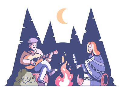 Couple Camping campfire camping couple fire forrest illustration nature night summer tent travel tree trip