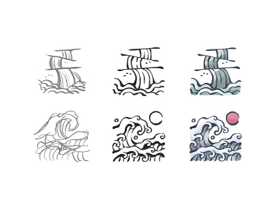 Japanese Waterfall and Wave process design ancient brush design icon japan japanese lan landscape old sun traditional waterfall wave