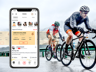 App for Cyclist challenge cycling cyclist explore feed friends like live meter mobile app record social ui ux