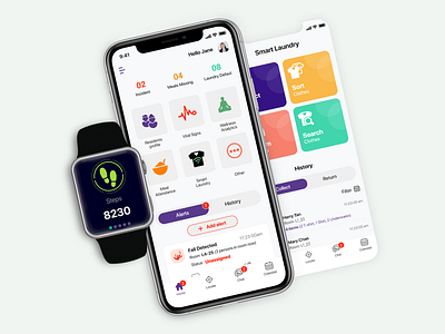 Tracking System for Old Age Home alert app chat creative design location tracking meals attendance mobile smart laundry trending ui ux vital sign wellness analytics