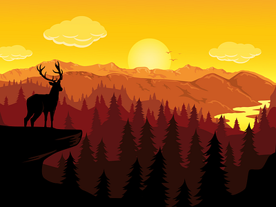 outdoors clouds deer forest illustration illustration art illustrator mountains outdoor river scene sunrise sunset vector