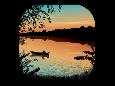river sunset boat fishing forest illustration outdoor river rod sunset vectorart vectorartist willow