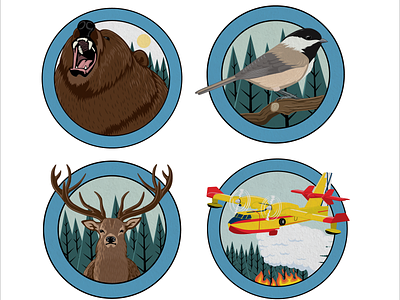 Forest themed badges badges bear bird canadair deer fire forest illustration nature outdoor scouts stag trees vector vintage