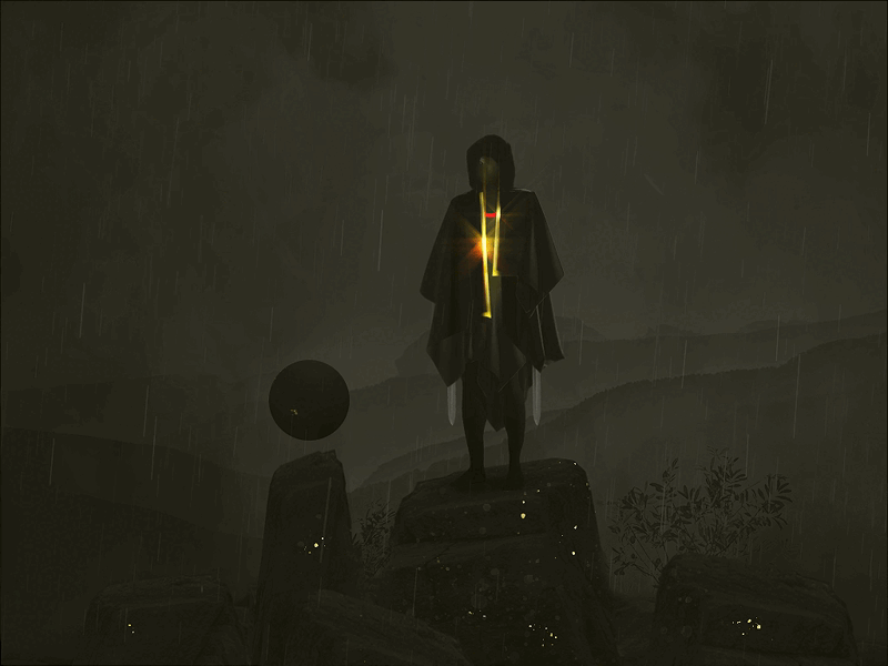 Animated Assassin (¬_¬ ) aftereffects animated art assassin character coat dark fog fx glow gold green human loop middle ages photobash photoshop rain rock