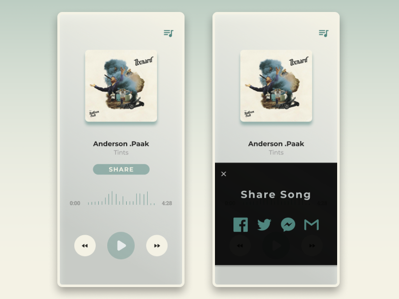 Social Share - Daily UI 010 dailui daily challange daily 100 daily ui socal share buttons share button music app musicplayer social buttons