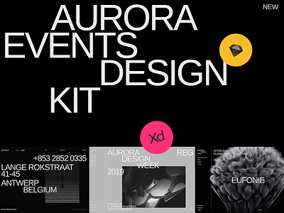 Aurora Events Design Kit adobe xd background image brutalist flat interface minimalism promo page themplates typography ui ui component ui design ui elements ui kit ui kits ui pack