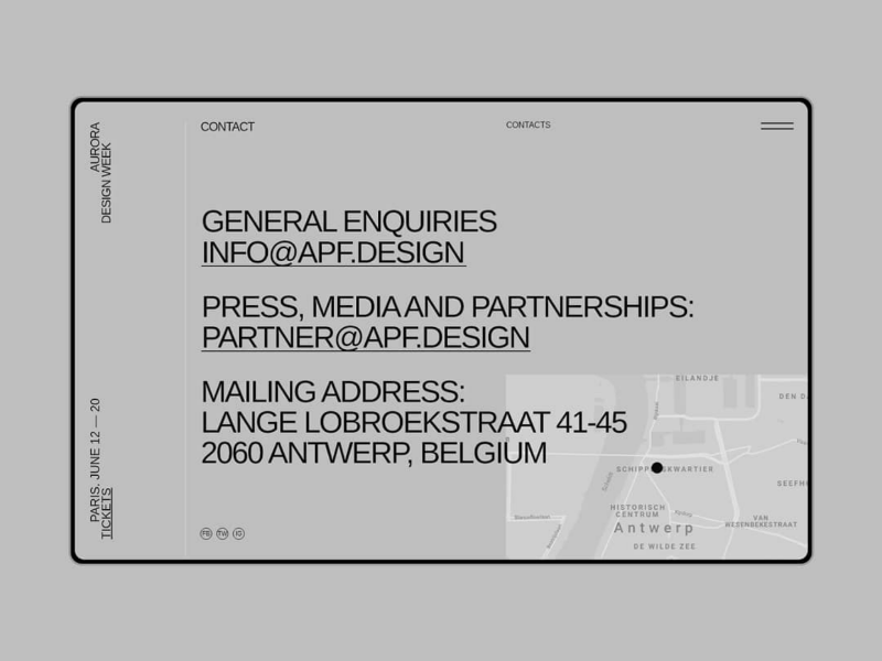 Aurora Events Design Kit. Contacts minimalism brutalist map contact page contacts theme template design resources ui elements ui components ui pack ui kit