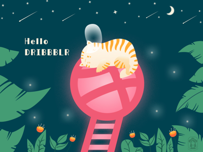 Hello dribbble animal cat cute hello dribbble illustration night sleepy tree