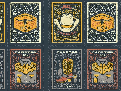 USPS Western Wear Stamps! arizona belt buckle california cowboy cowboy hat flower hat illustration pearl snap snake stamp stamps sun texas usps western wear