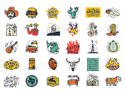 Texmessages beer boot catfish chips country cow cowboy horse icons illustrations lettering popper stickers texas
