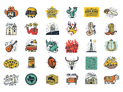 Texmessages beer boot catfish chips country cow cowboy horse icons illustrations lettering popper stickers texas