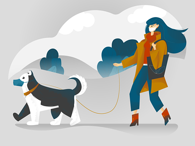 Covid-2019 dog walking cartoon coronavirus covid19 dog dog walking flat flat illustration illustration vector