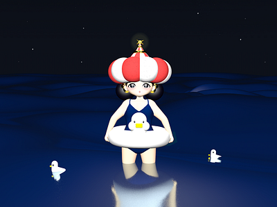 The little girl c4d dream duck girl illustration night star