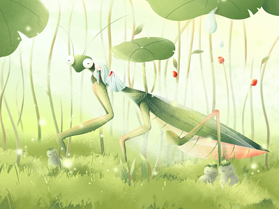 Summer forest girl green illustration insect mantis