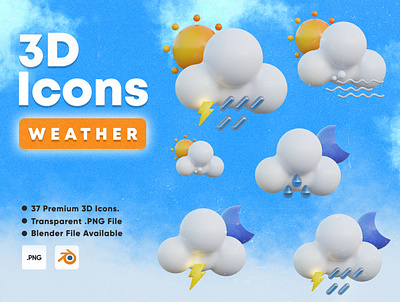 3D Icons Weather 3d app cloud day icon illustration moon nature night rain sky sun ui ux weather wind