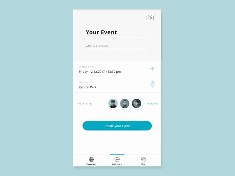 Create Event App animation date event friends principle ui ux