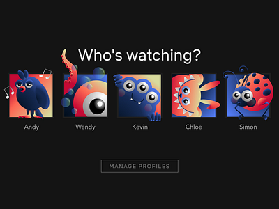 Avatars for Who's Watching? Page avatardesign googlyeyes gradients illustration manageprofile primarycolours uidesign