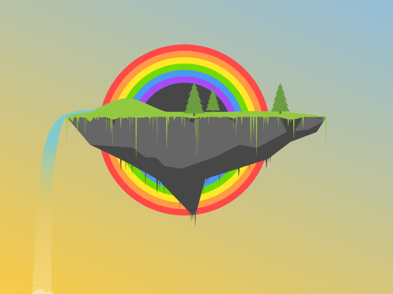 Floating Rainbow Island art clean color flat floating rainbow island tree waterfall water sky illustration