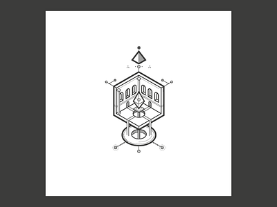 The Chamber of Crystal building cosmic illustration isometric landscape lines monochrome tower vector