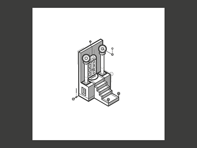 The Door building cosmic illustration isometric landscape lines monochrome tower vector