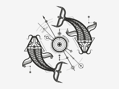 Two Cosmic Carps animal cosmic geometry lines minimal monochrome vector