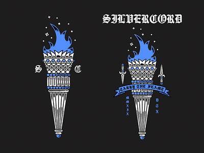Silvercord Torch band merch band shirt banner banners blue daggers english font fire flame merch design old english font shading silvercord stars tattoo torch traditional tattoo