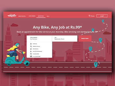 Bike Rental Landing Page above the fold abovethefold bike ride book app buildings call to action city scape drop down menu home page icons interaction design interaction designer landing page rent bike servicing user interaction design visual design website website banner website concept