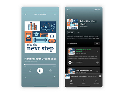 Take the Next Step Podcast–Dark Mode books coffee daily ui 009 dailyui dailyui 009 dark mode dark ui education freelance illustration library money podcast podcast app podcast art podcast cover podcast cover art time management travel workout