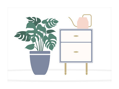 Mid-Century Modern Living Space daily ui design end table illustrated living space illustrated plant illustrated scene illustration illustration art illustration design illustrator interior design living room living space modern design plant plant illustration planter plants watering can