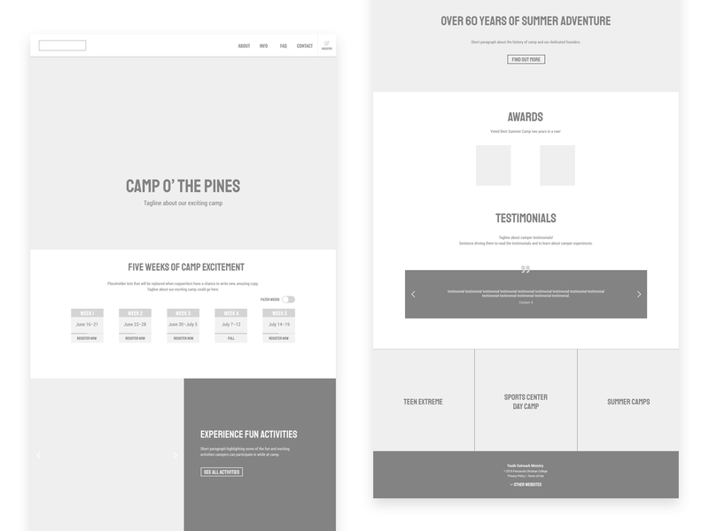 Camp o' the Pines Wireframe adobe xd camp daily ui daily ui challenge dailyui design interface landing page landing page design ui user experience user interface ux web web design website wireframe wireframe design xd xd wireframe