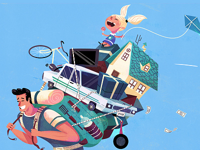 editorial bike car dad editorial girl house illustration kids