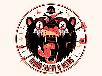 Blood sweat & beers - red version arrow bear illustration poster print screen silk skull