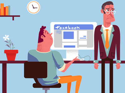 Work vs. Facebook character computer desk gif illustration like office work