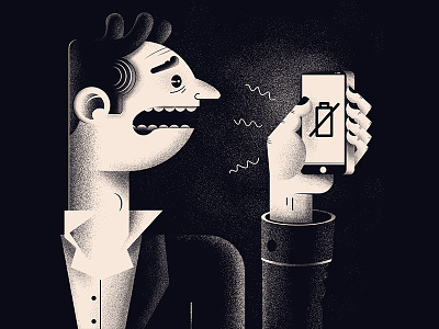Late night drama battery black white character editorial illustration magazine night phone vintage