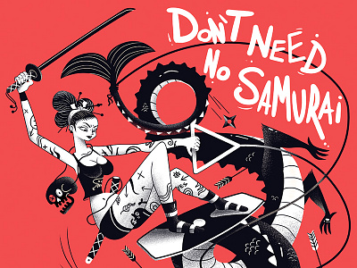 Don't Need No Samurai Print black character design illustration print skull surf tshirt type