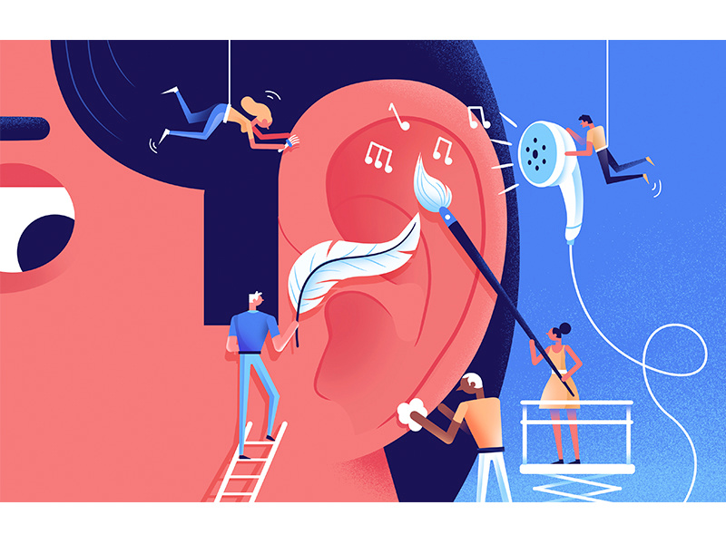 Editorial illustration for Mako Magazine editorial design character blue work sound illustration