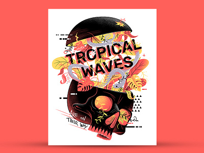 Tropical Waves illuatration poster print red skull snake
