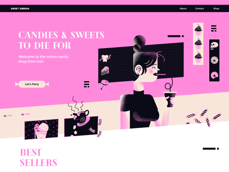 Sweet Dreams Landing Page Concept WIP branding candy design gif illustration pink responsive skull ui ui ux ux web woman