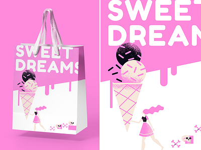 Sweet Dreams Bag bag branding candy character design ice cream illustration pink print typography woman