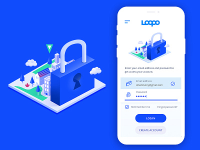 Log In Screen app blue branding design illustration in isomatric lock log mobile mobile app screen ui ux