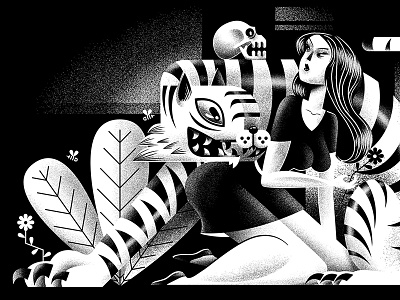 Lady & Tiger black black and white character editorial illustration skull tiger woman