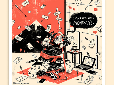 Mondays character email emails freelance illustration japan print samurai