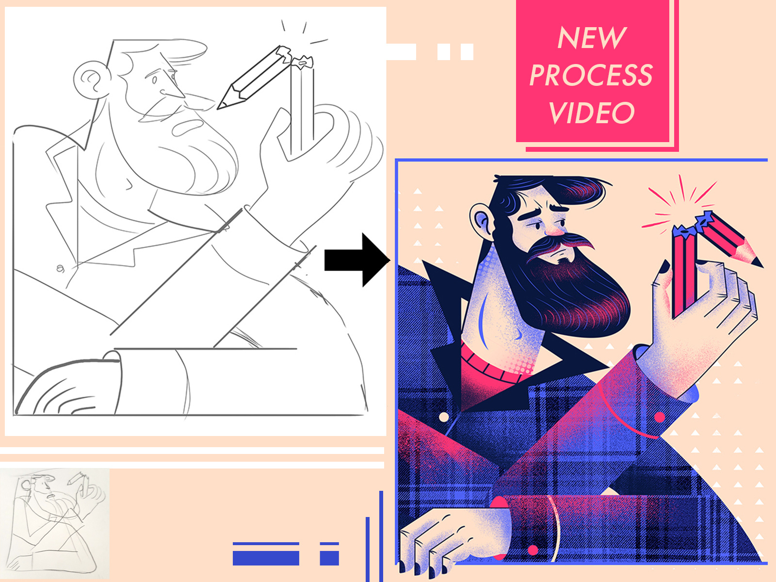 Character Illustration Process Video blue character design illustration man pencil poster process tutorial typography