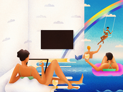 Stay at Home? art beach character concept design digital illustration draw drink fineart flat fun illustration imaginary rainbow sea summer swim