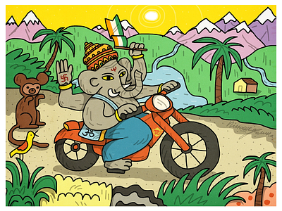 Ganesha adobe draw character character design ganapati ganesha illustration india royal enfield vector illustration