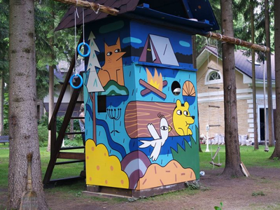 Playground in the cottage character characterdesign cute illustration kawaii playground sprayart streetart
